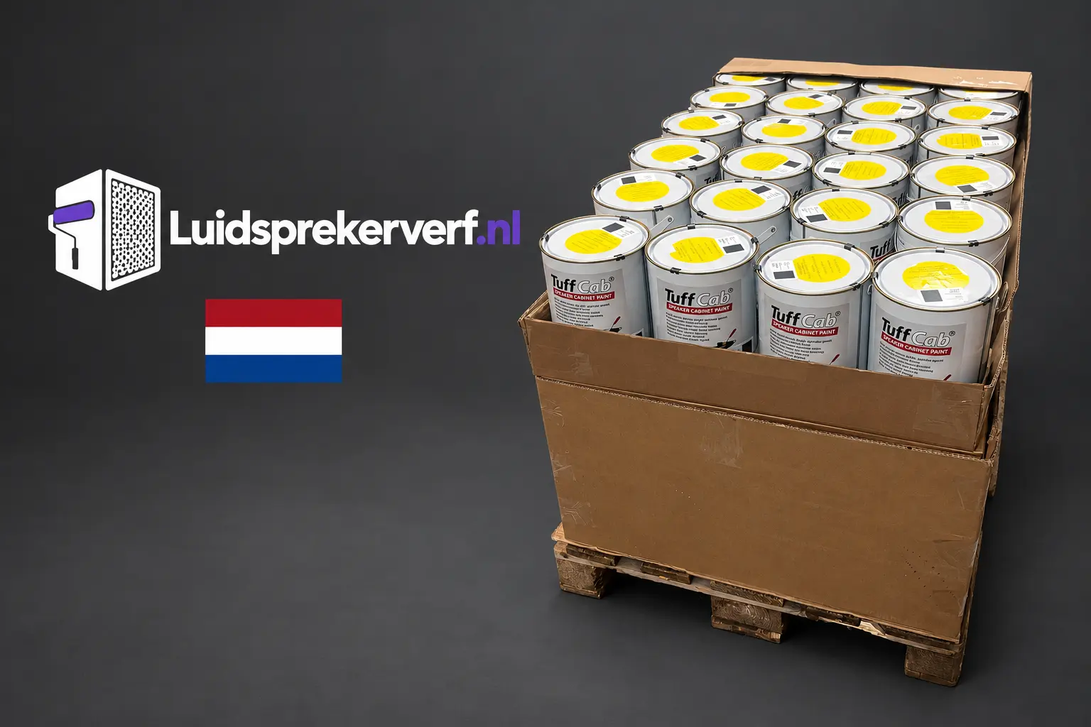 TuffCab-zending met het logo van Luidsprekerverf.nl en de Nederlandse vlag