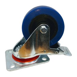 100 mm Premium Braked Swivel Castor - Blue Wheel / Silver Frame