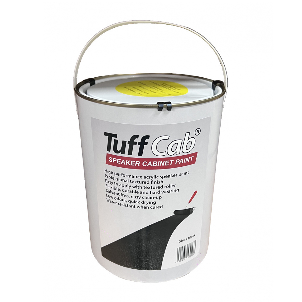 New 5-litre metal tin of TuffCab Gloss Black speaker cabinet paint